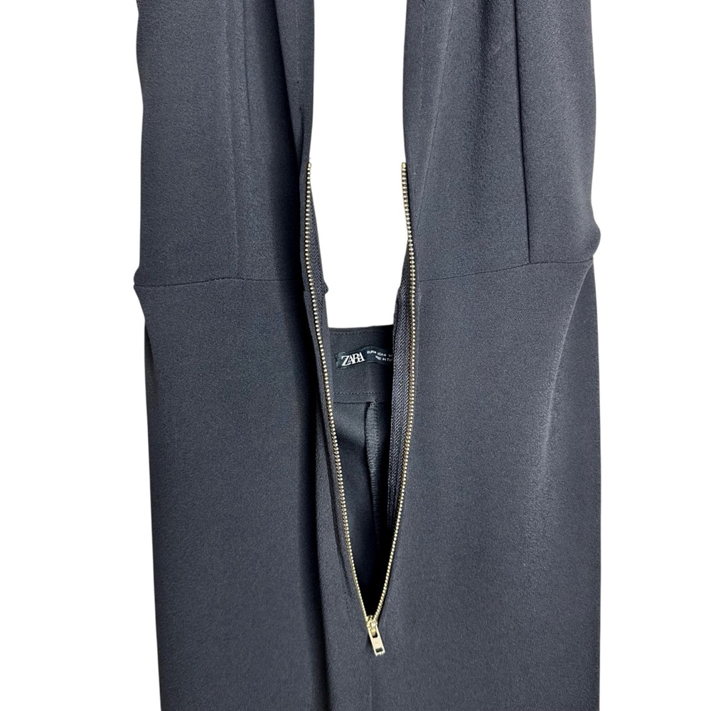 Zara Zip Front Wide Leg Halter Jumpsuit Black Stretchy Medium Low Cut - Picture 11 of 16